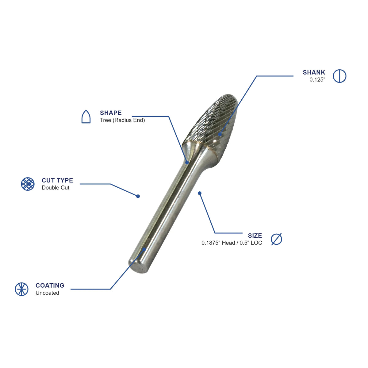 SF Double Cut Carbide Burr specifications diagram - 3 16 inch dia 1 2 inch LOC