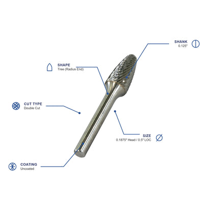 SF Double Cut Carbide Burr specifications diagram - 3 16 inch dia 1 2 inch LOC