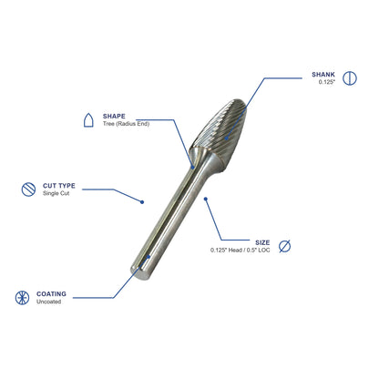 SF Single Cut Carbide Burr specifications diagram - 1 8 inch dia 1 2 inch LOC