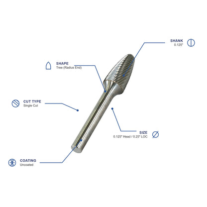SF Single Cut Carbide Burr specifications diagram - 1 8 inch dia 1 4 inch LOC