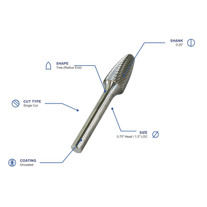 SF Single Cut Carbide Burr specifications diagram - 3 4 inch dia 3 2 inch LOC