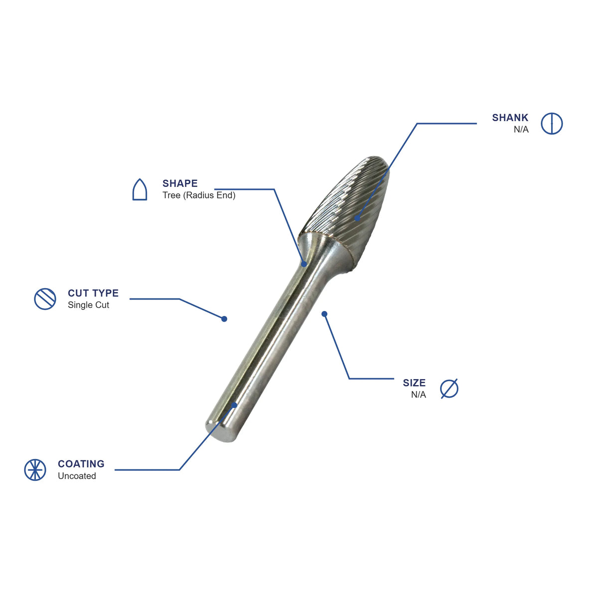 SF Single Cut Carbide Burr specifications diagram