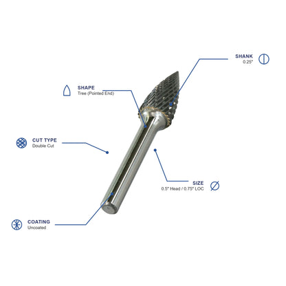 SG Double Cut Carbide Burr specifications diagram - 1 2 inch dia 3 4 inch LOC