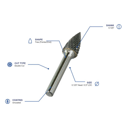 SG Double Cut Carbide Burr specifications diagram - 1 8 inch dia 1 2 inch LOC