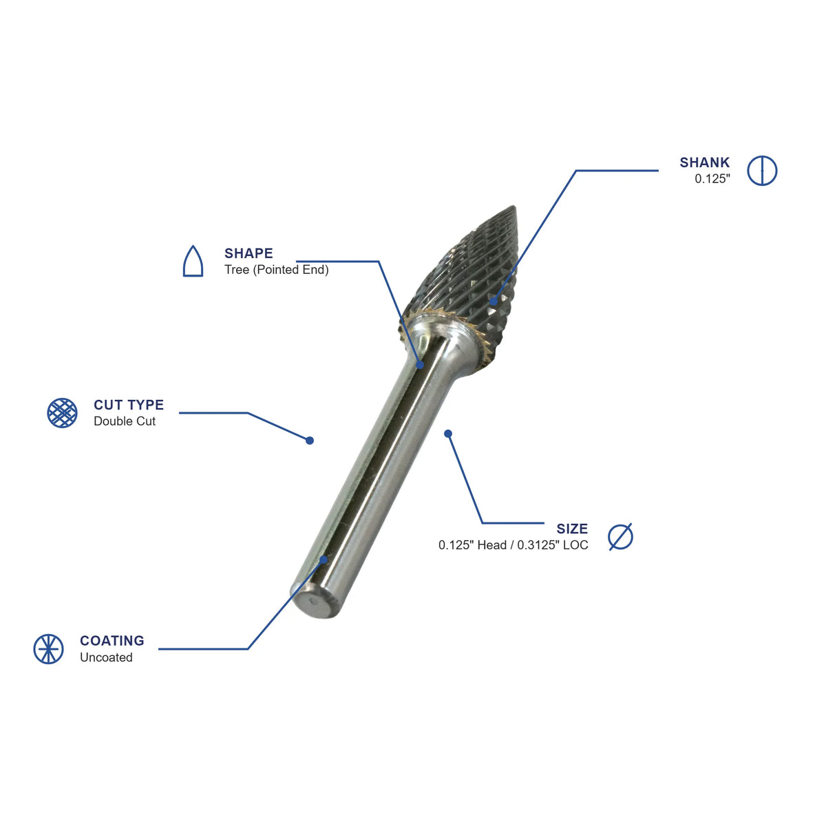 SG Double Cut Carbide Burr specifications diagram - 1 8 inch dia 5 16 inch LOC