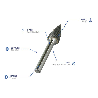 SG Double Cut Carbide Burr specifications diagram - 1 8 inch dia 5 16 inch LOC