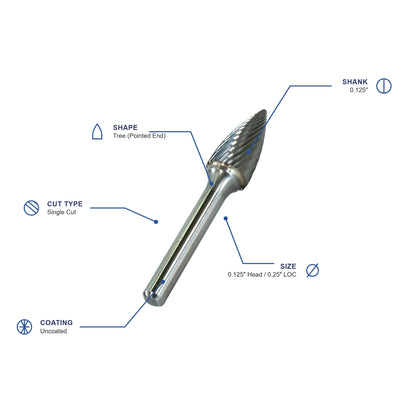 SG Single Cut Carbide Burr specifications diagram - 1 8 inch dia 1 4 inch LOC