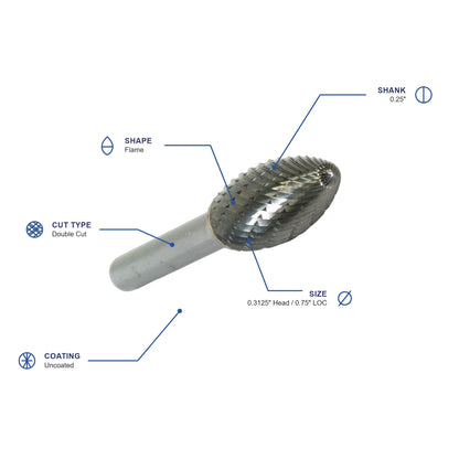 SH Double Cut Carbide Burr specifications diagram - 5 16 inch dia 3 4 inch LOC