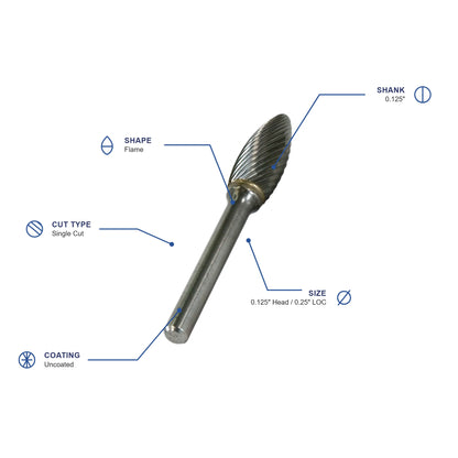 SH Single Cut Carbide Burr specifications diagram - 1 8 inch dia 1 4 inch LOC