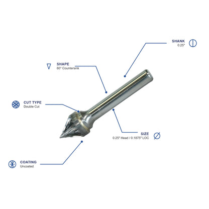 SJ Double Cut Carbide Burr specifications diagram - 1 4 inch dia 3 16 inch LOC
