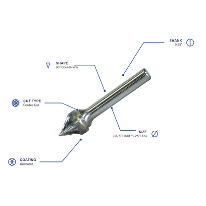 SJ Double Cut Carbide Burr specifications diagram - 3 8 inch dia 1 4 inch LOC