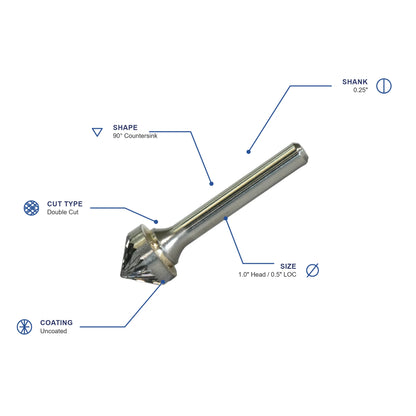 SK Double Cut Carbide Burr specifications diagram - 1 inch dia 1 2 inch LOC