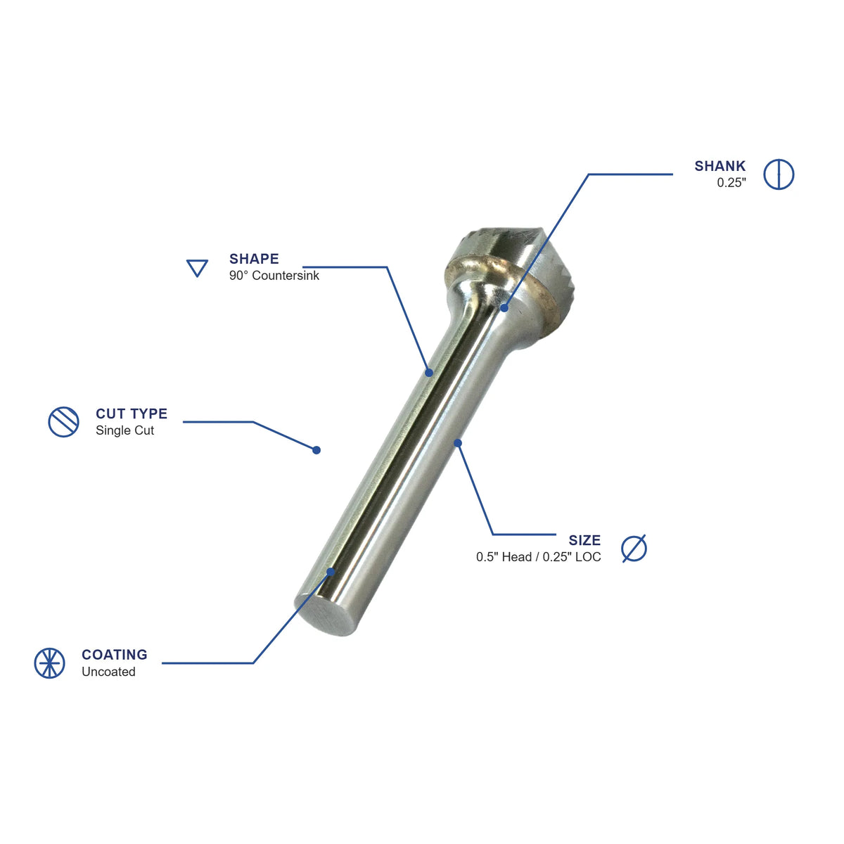SK Single Cut Carbide Burr specifications diagram - 1 2 inch dia 1 4 inch LOC