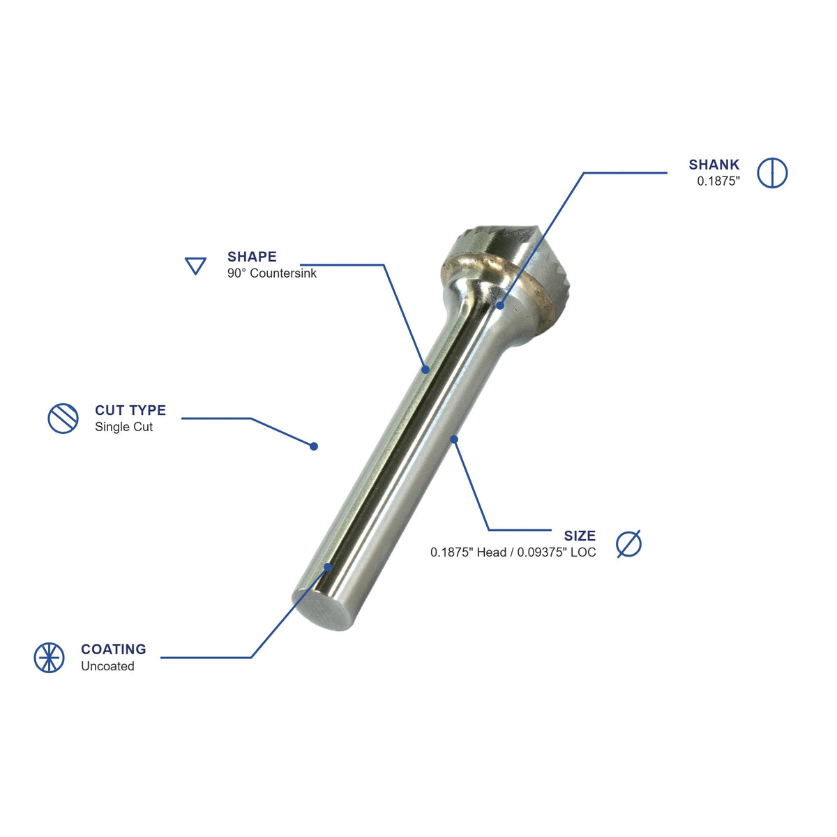 SK Single Cut Carbide Burr specifications diagram - 3 16 inch dia 3 32 inch LOC