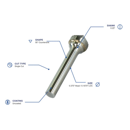 SK Single Cut Carbide Burr specifications diagram - 3 8 inch dia 3 16 inch LOC