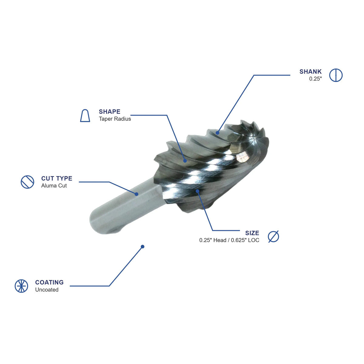 SL Aluma Cut 14° Carbide Burr specifications diagram - 1 4 inch dia 5 8 inch LOC