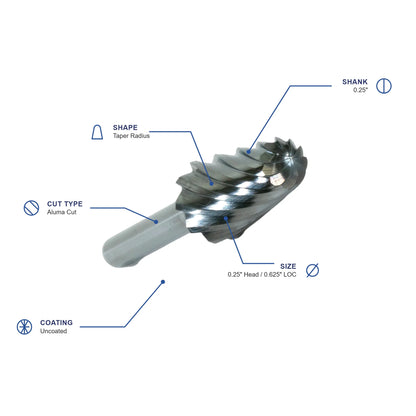 SL Aluma Cut 14° Carbide Burr specifications diagram - 1 4 inch dia 5 8 inch LOC