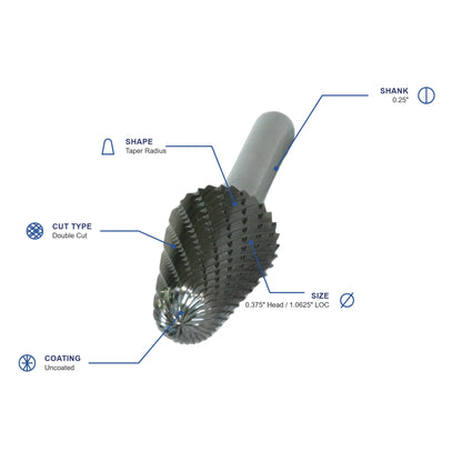SL Double Cut Carbide Burr specifications diagram - 3 8 inch dia 17 16 inch LOC