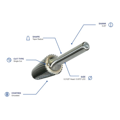 SL Single Cut Carbide Burr specifications diagram - 5 16 inch dia 7 8 inch LOC