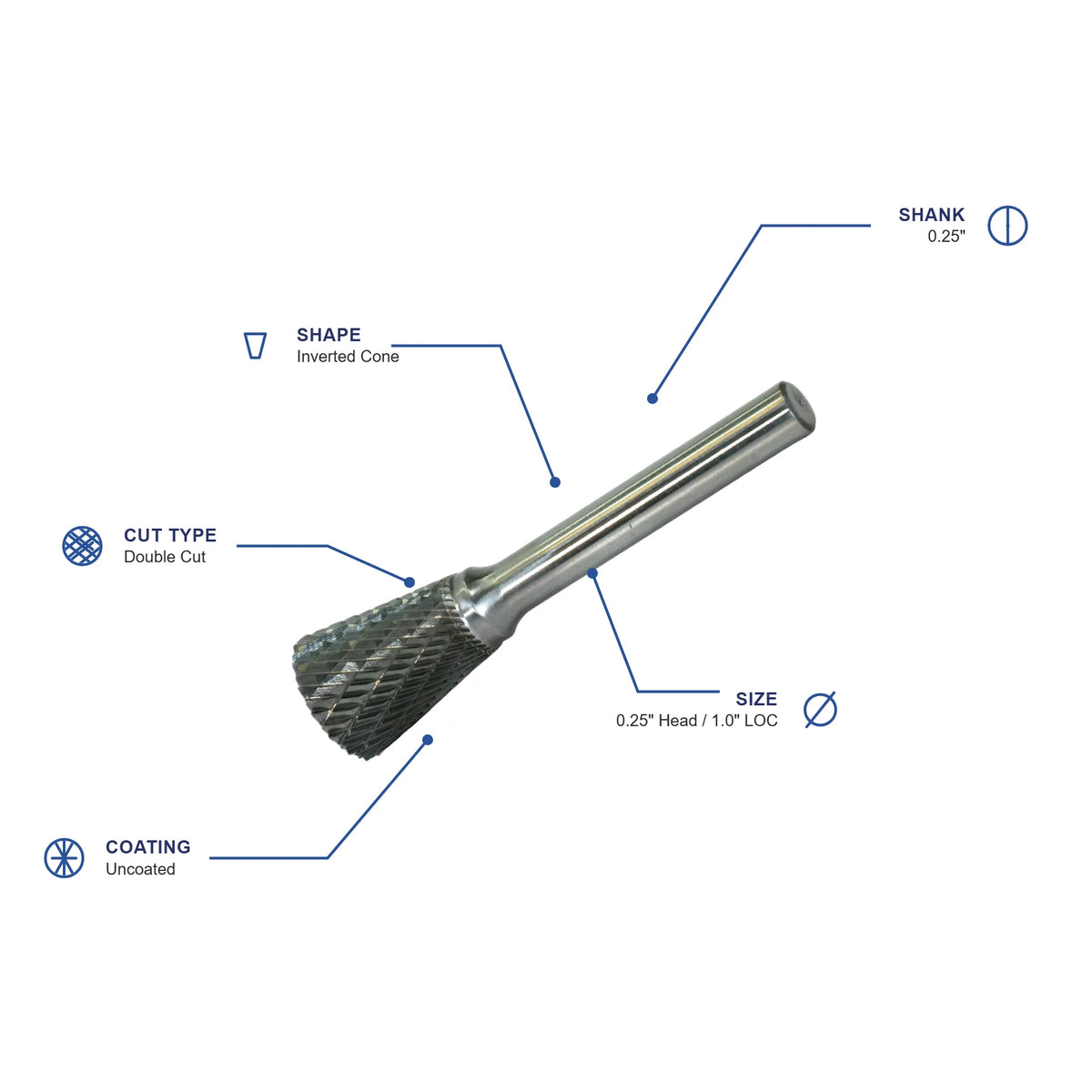 SN Double Cut Carbide Metric Burr specifications diagram - 1 4 inch dia 1 inch LOC