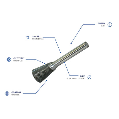 SN Double Cut Carbide Metric Burr specifications diagram - 1 4 inch dia 1 inch LOC