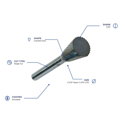 SN Single Cut Carbide Burr specifications diagram - 3 8 inch dia 3 8 inch LOC